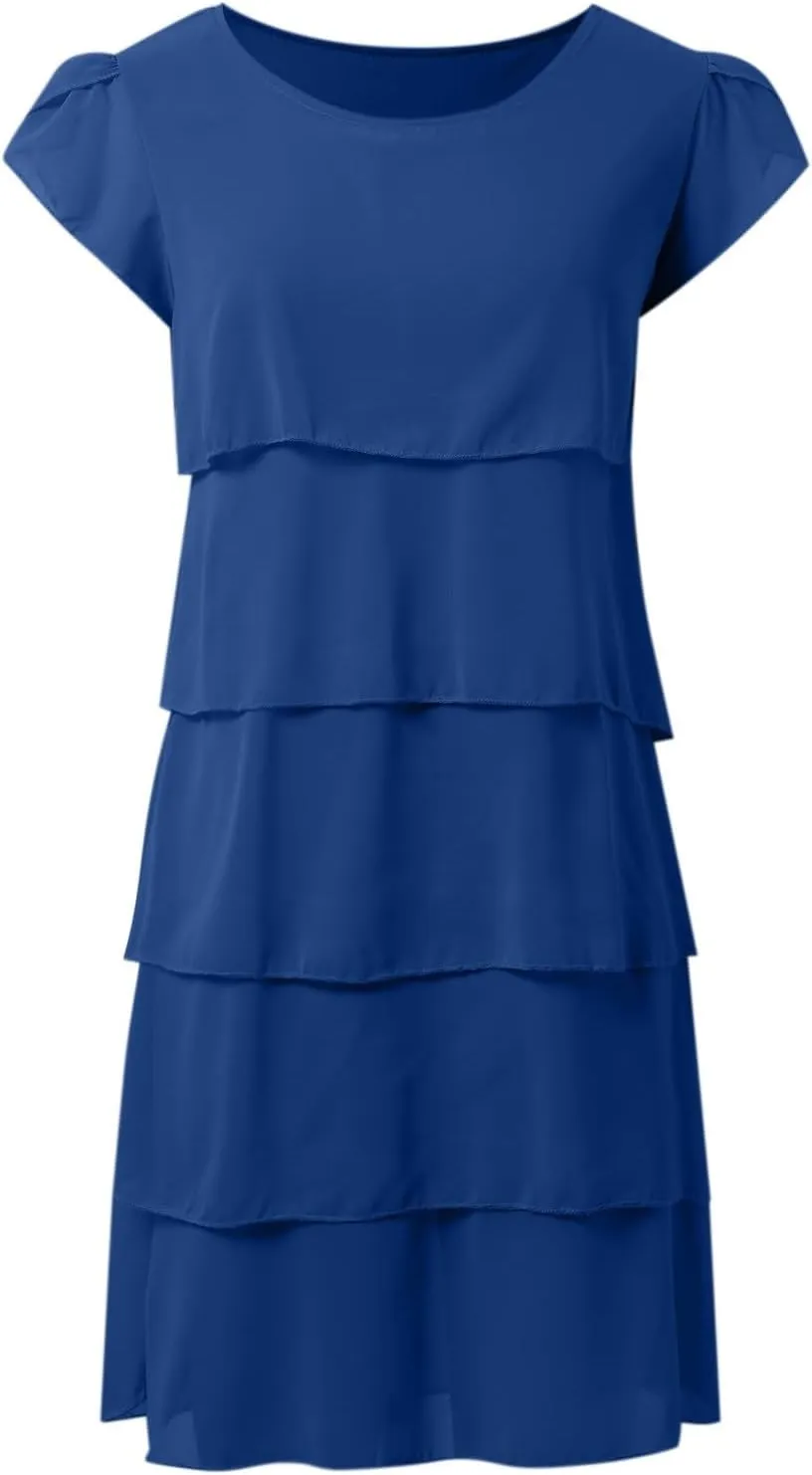 Womens Summer Dresses Casual Layered Ruffles Round Neck Elegant Floral Print Evening Dress Short Sleeve Mini Dress
