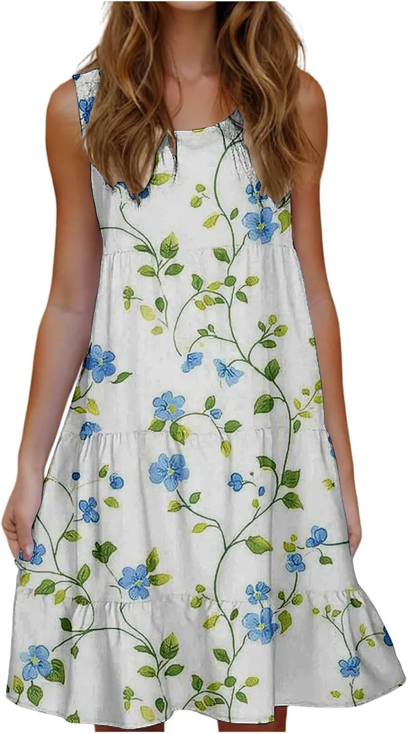 Womens Summer Dresses Crew Neck Ruffle Tiered Tank Dress Flowy Mini A Line Casual Sundress Beach Outfits