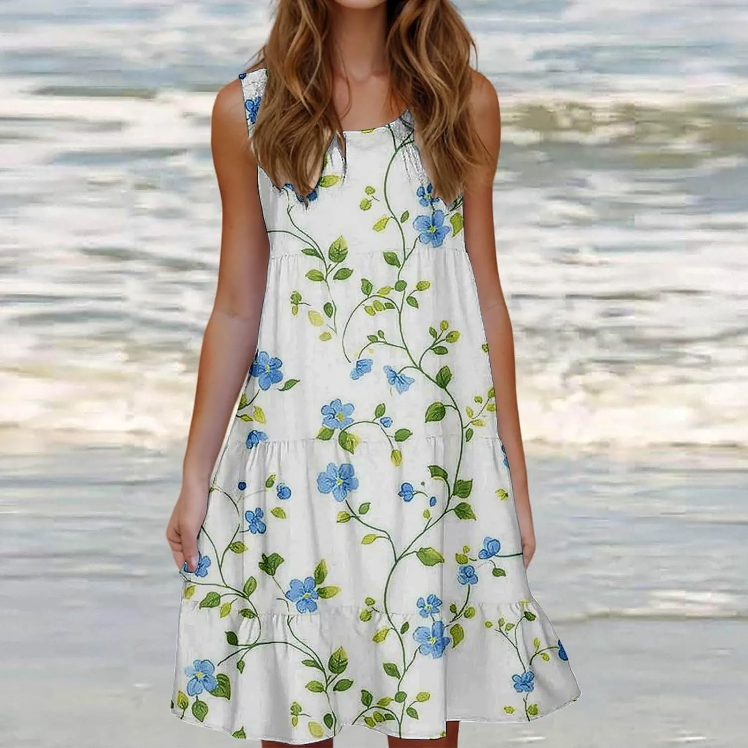 Womens Summer Dresses Crew Neck Ruffle Tiered Tank Dress Flowy Mini A Line Casual Sundress Beach Outfits