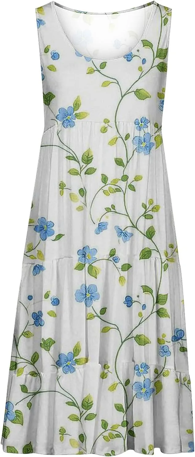 Womens Summer Dresses Crew Neck Ruffle Tiered Tank Dress Flowy Mini A Line Casual Sundress Beach Outfits