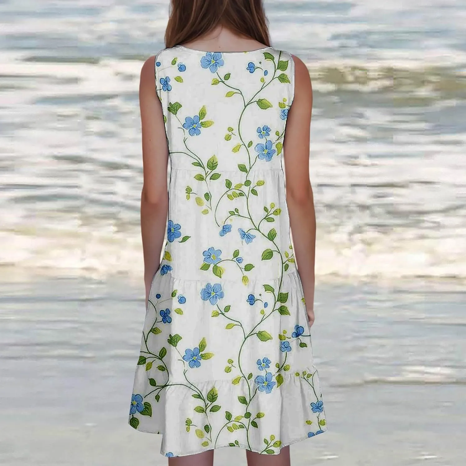 Womens Summer Dresses Crew Neck Ruffle Tiered Tank Dress Flowy Mini A Line Casual Sundress Beach Outfits