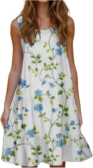Womens Summer Dresses Crew Neck Ruffle Tiered Tank Dress Flowy Mini A Line Casual Sundress Beach Outfits
