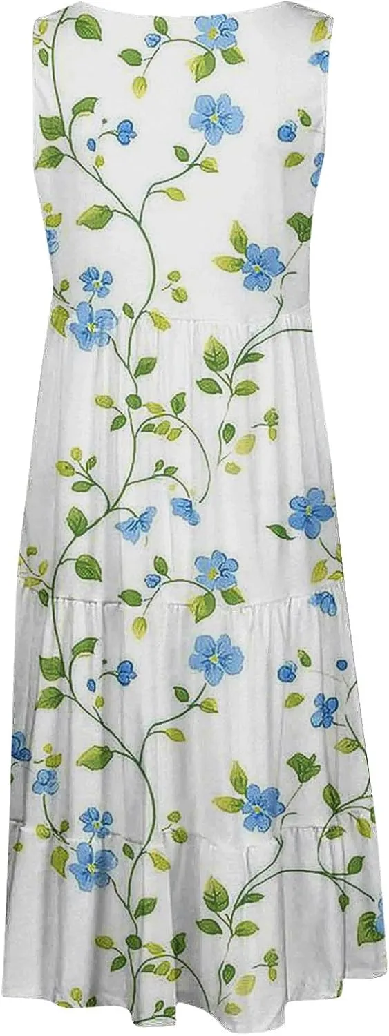 Womens Summer Dresses Crew Neck Ruffle Tiered Tank Dress Flowy Mini A Line Casual Sundress Beach Outfits