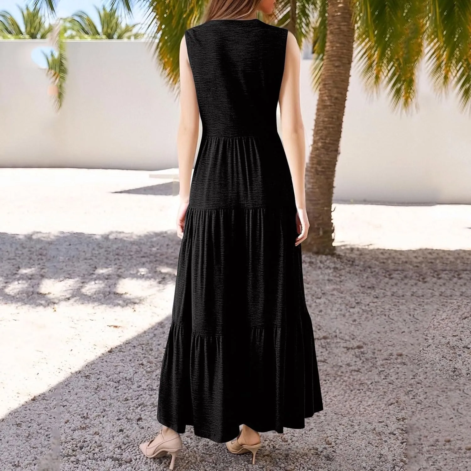 Womens Summer Dresses Split Neck Sleeveless Long Sundresses Loose Casual High Waisted Flowy Dress with Pocket