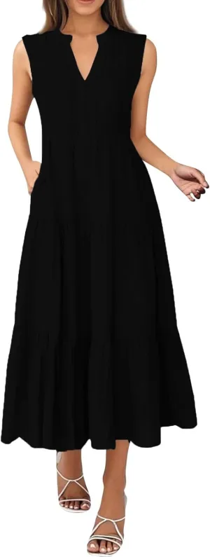 Womens Summer Dresses Split Neck Sleeveless Long Sundresses Loose Casual High Waisted Flowy Dress with Pocket