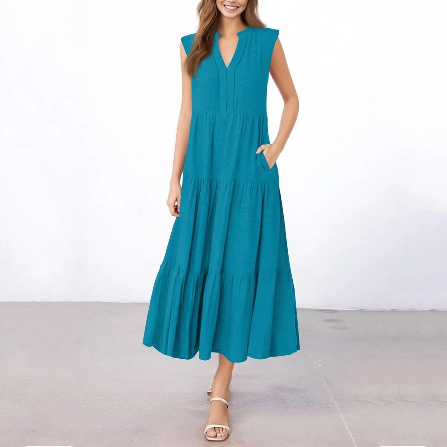 Womens Summer Dresses Split Neck Sleeveless Long Sundresses Loose Casual High Waisted Flowy Dress with Pocket