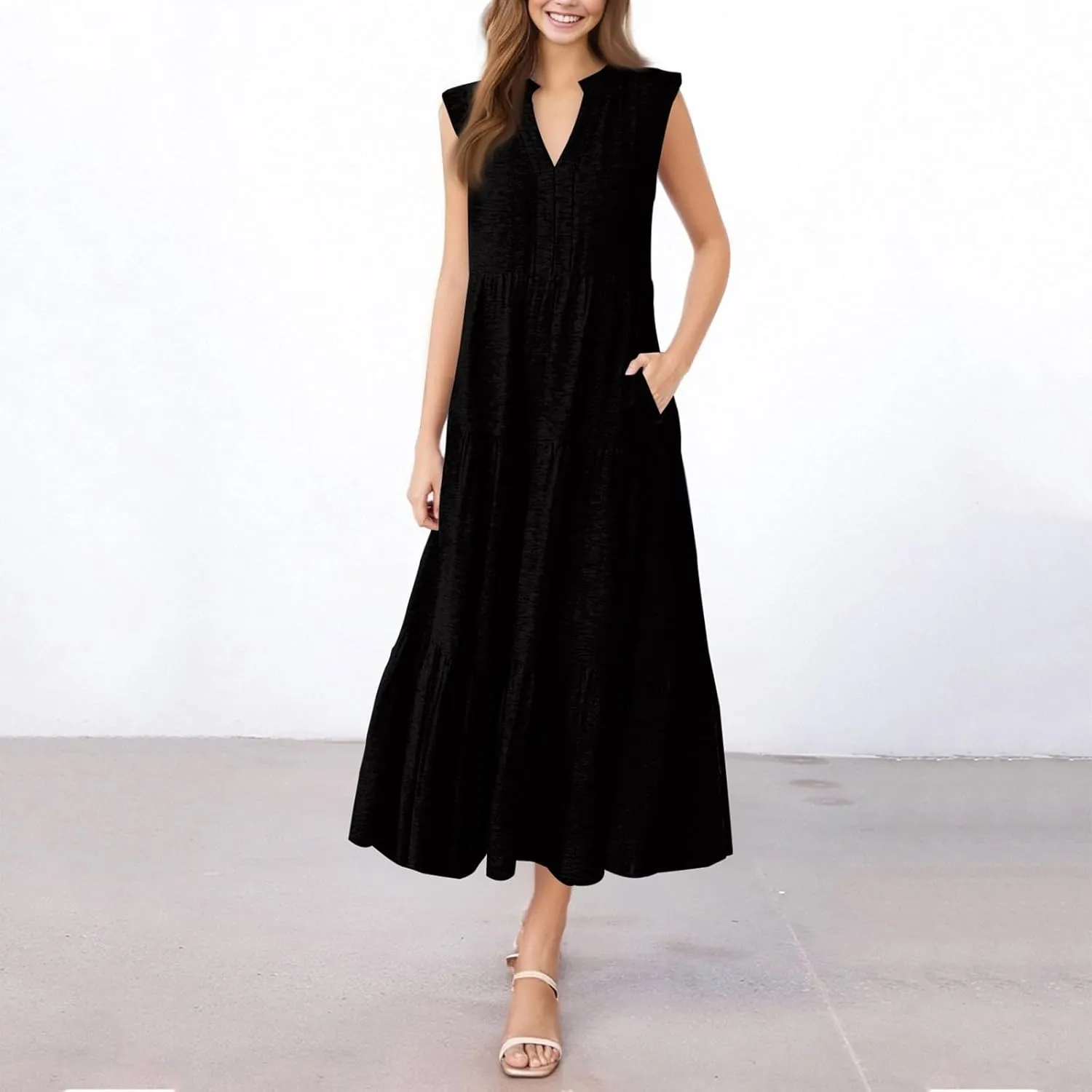 Womens Summer Dresses Split Neck Sleeveless Long Sundresses Loose Casual High Waisted Flowy Dress with Pocket