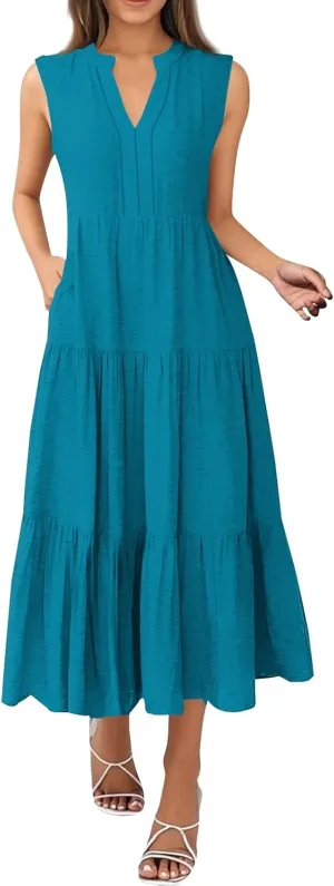 Womens Summer Dresses Split Neck Sleeveless Long Sundresses Loose Casual High Waisted Flowy Dress with Pocket