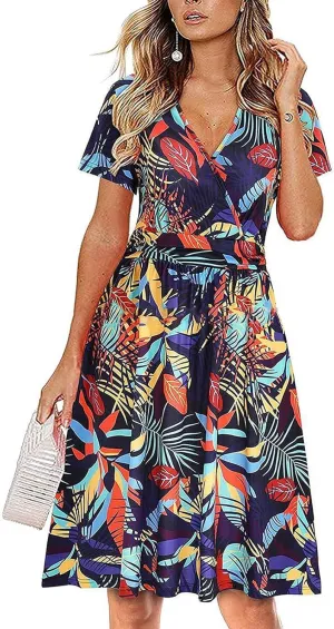 Women's Summer Floral Midi Dress Short Sleeve V-Neck Trendy Wrap Chiffon Dress Casual Swing Wedding Guest Outfit