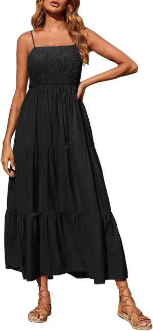 Women's Summer Maxi Dress 2025 Casual Boho Beach Long Dresses Sleeveless Spaghetti Strap Smocked Tiered Sundresses