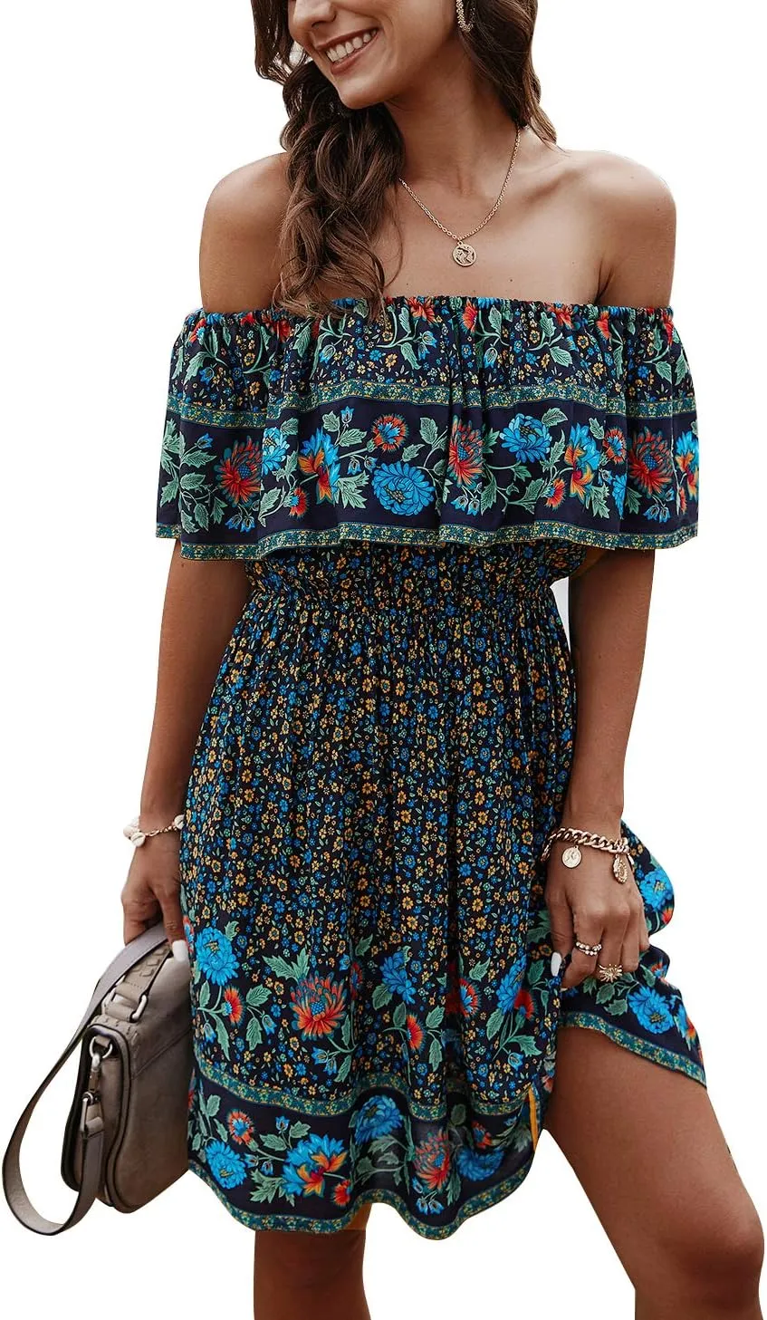 Women's Summer Off Shoulder Mini Dress Strapless Ruffle Floral Printed Boho Beach Party Sundress