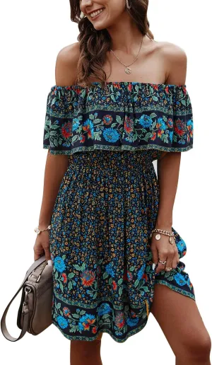 Women's Summer Off Shoulder Mini Dress Strapless Ruffle Floral Printed Boho Beach Party Sundress