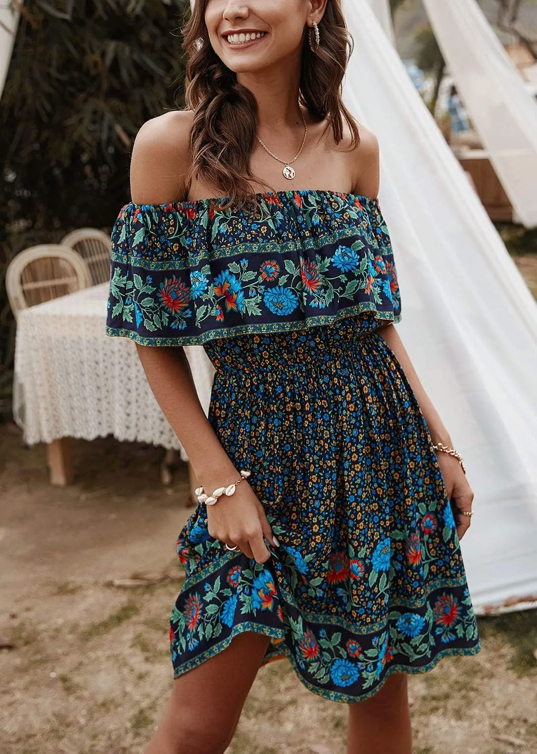 Women's Summer Off Shoulder Mini Dress Strapless Ruffle Floral Printed Boho Beach Party Sundress