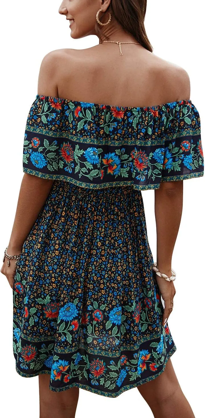 Women's Summer Off Shoulder Mini Dress Strapless Ruffle Floral Printed Boho Beach Party Sundress