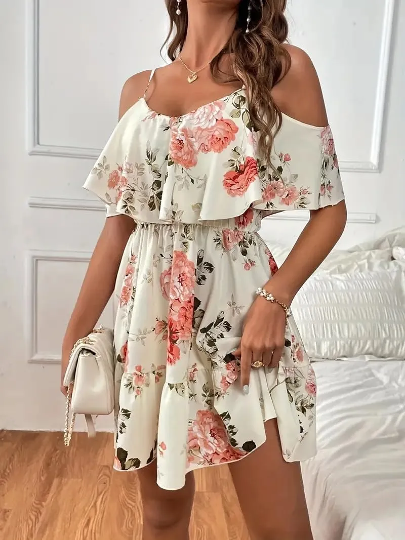Women's Summer One-Shoulder Mini Sundress Casual Spaghetti Strap Dresses Floral Sleeveless Ruffle Short Dress
