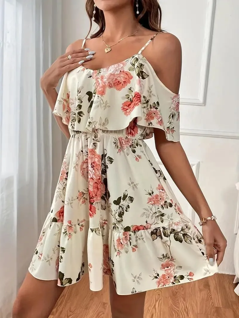 Women's Summer One-Shoulder Mini Sundress Casual Spaghetti Strap Dresses Floral Sleeveless Ruffle Short Dress