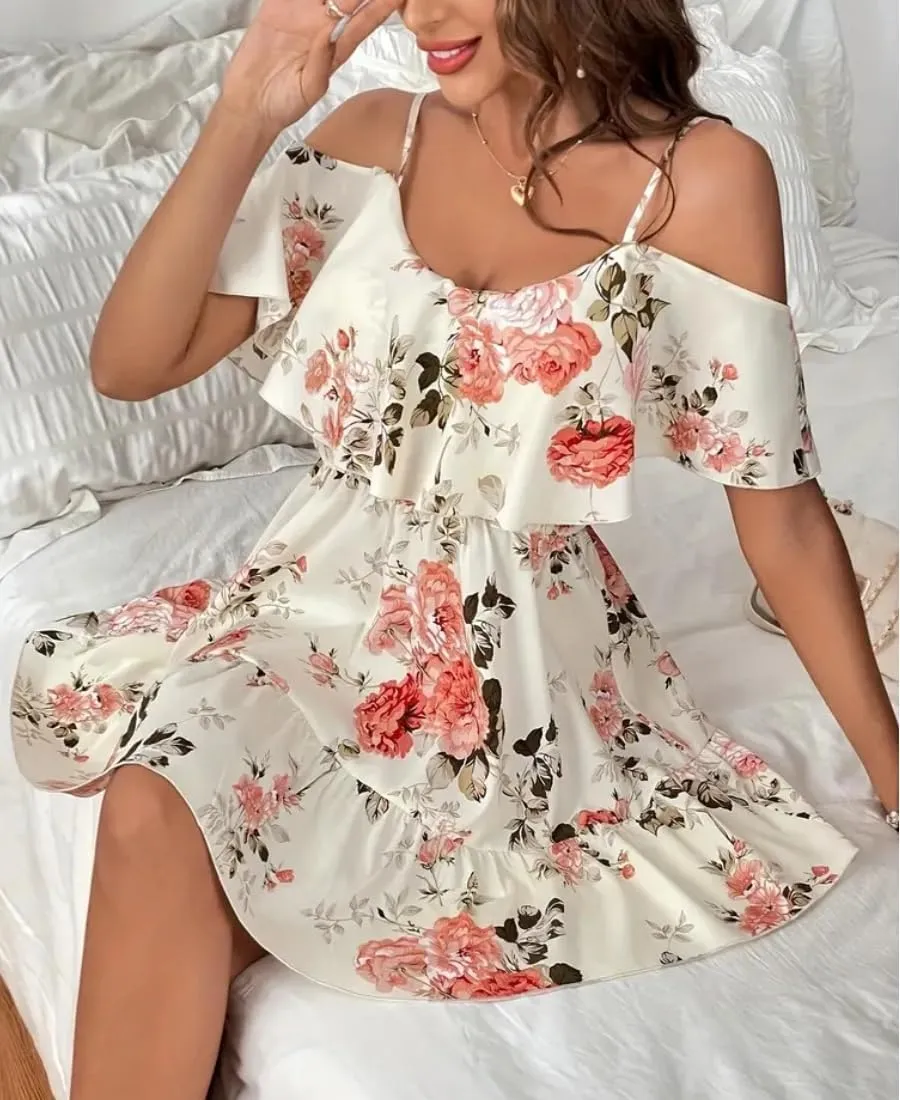 Women's Summer One-Shoulder Mini Sundress Casual Spaghetti Strap Dresses Floral Sleeveless Ruffle Short Dress