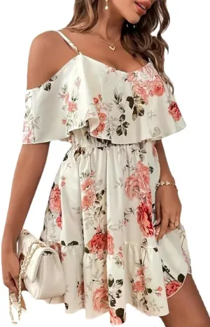 Women's Summer One-Shoulder Mini Sundress Casual Spaghetti Strap Dresses Floral Sleeveless Ruffle Short Dress