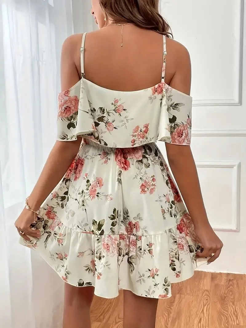 Women's Summer One-Shoulder Mini Sundress Casual Spaghetti Strap Dresses Floral Sleeveless Ruffle Short Dress