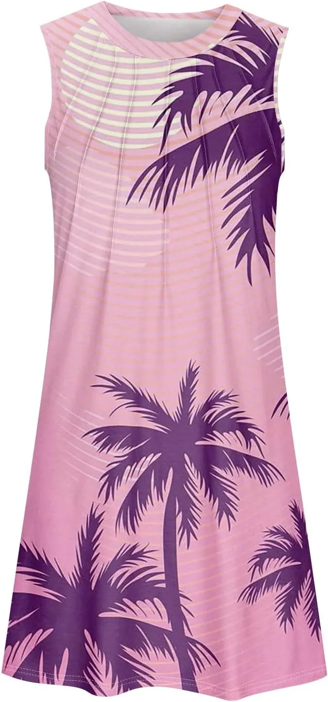 Womens Summer Sundress Sleeveless Pleated A-Line Beach Dresses Casual Crewneck Loose Tank Dress