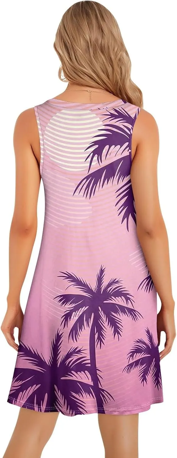 Womens Summer Sundress Sleeveless Pleated A-Line Beach Dresses Casual Crewneck Loose Tank Dress