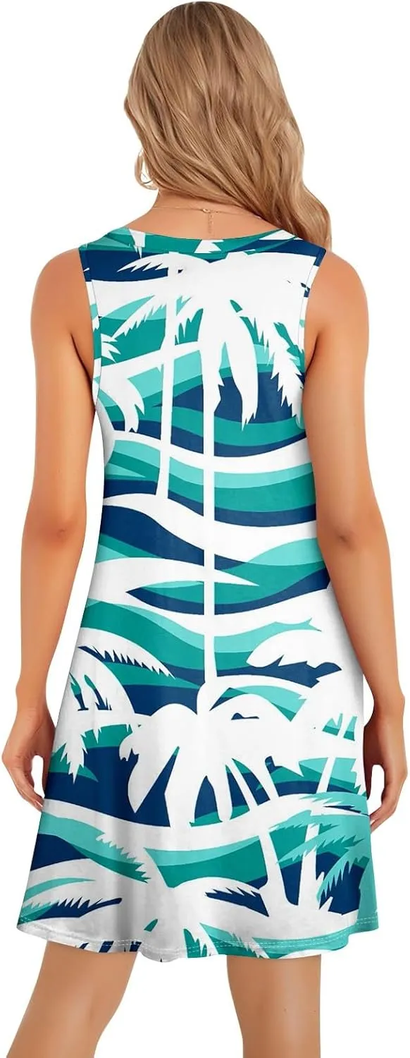 Womens Summer Sundress Sleeveless Pleated A-Line Beach Dresses Casual Crewneck Loose Tank Dress
