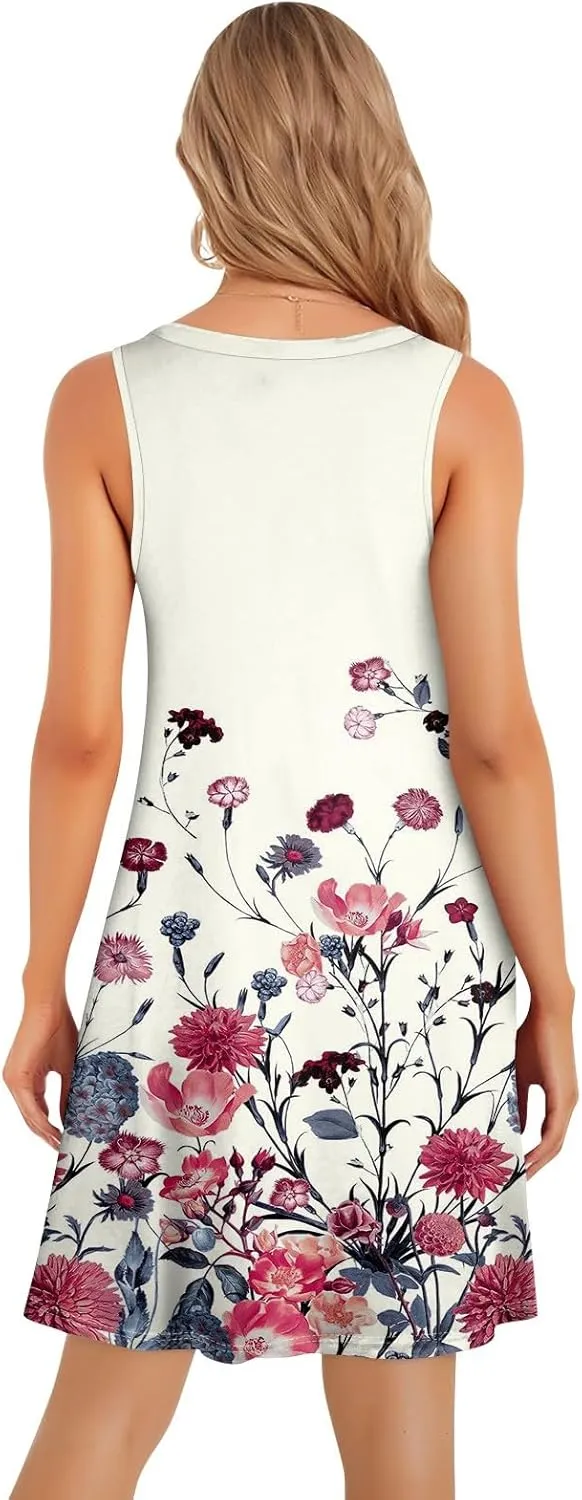 Womens Summer Sundress Sleeveless Pleated A-Line Beach Dresses Casual Crewneck Loose Tank Dress