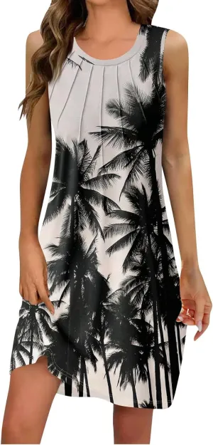 Womens Summer Sundress Sleeveless Pleated A-Line Beach Dresses Casual Crewneck Loose Tank Dress