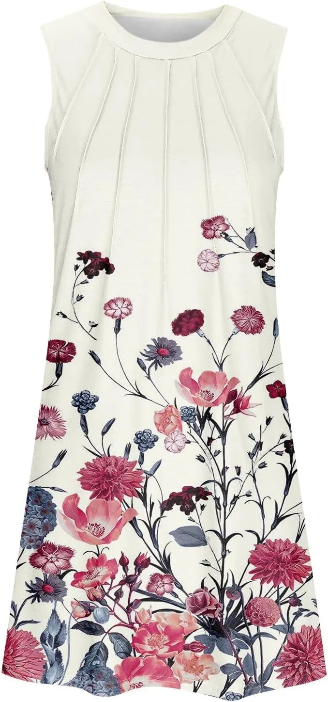 Womens Summer Sundress Sleeveless Pleated A-Line Beach Dresses Casual Crewneck Loose Tank Dress