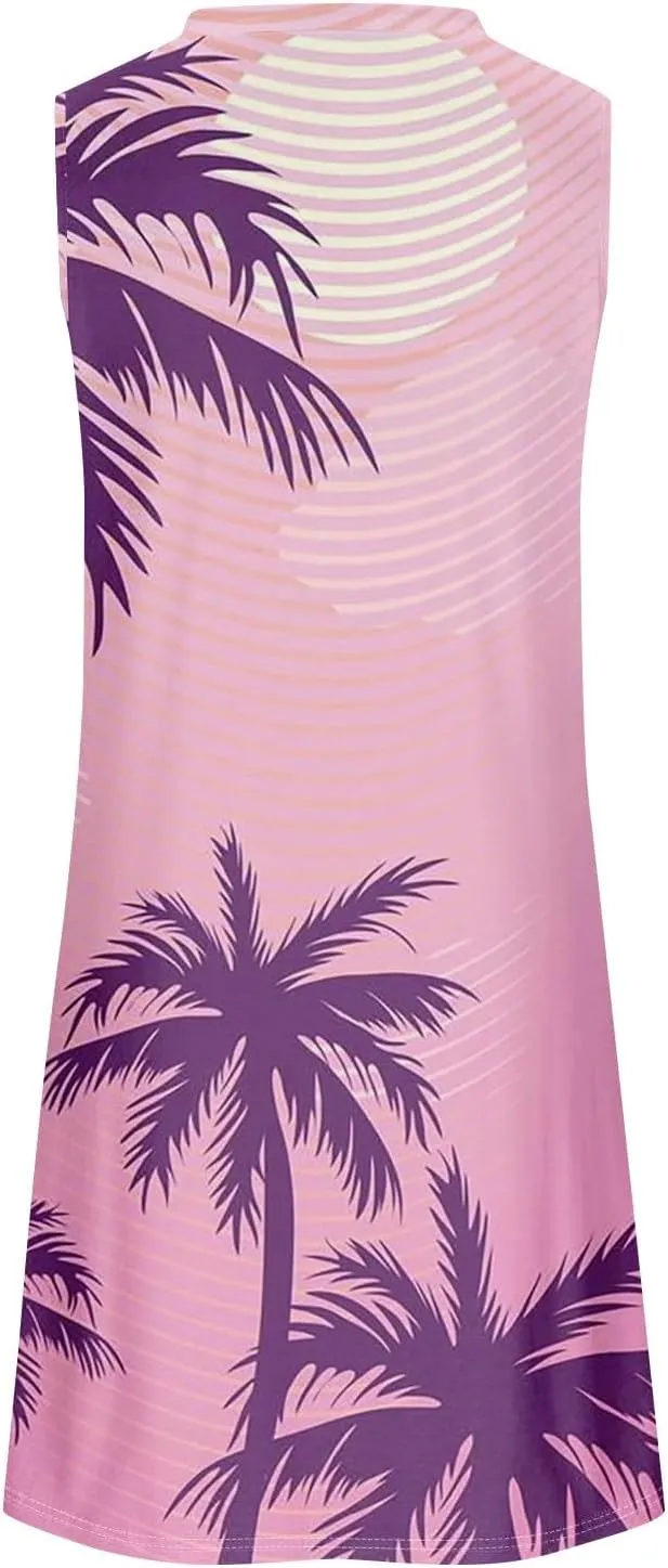 Womens Summer Sundress Sleeveless Pleated A-Line Beach Dresses Casual Crewneck Loose Tank Dress