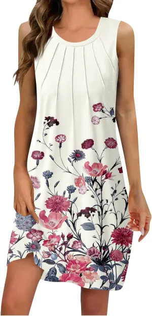 Womens Summer Sundress Sleeveless Pleated A-Line Beach Dresses Casual Crewneck Loose Tank Dress