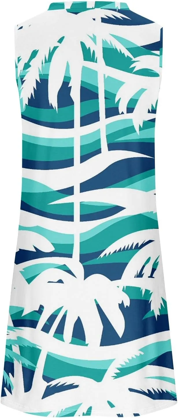 Womens Summer Sundress Sleeveless Pleated A-Line Beach Dresses Casual Crewneck Loose Tank Dress