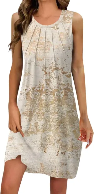 Womens Summer Sundress Sleeveless Pleated A-Line Beach Dresses Casual Crewneck Loose Tank Dress