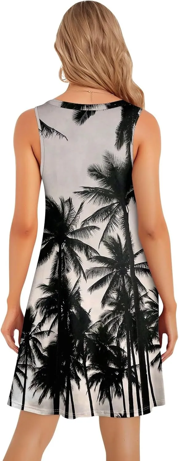 Womens Summer Sundress Sleeveless Pleated A-Line Beach Dresses Casual Crewneck Loose Tank Dress