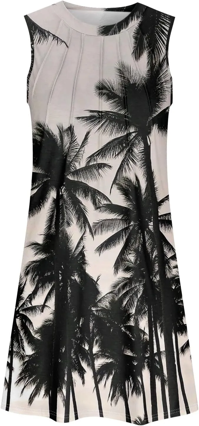 Womens Summer Sundress Sleeveless Pleated A-Line Beach Dresses Casual Crewneck Loose Tank Dress