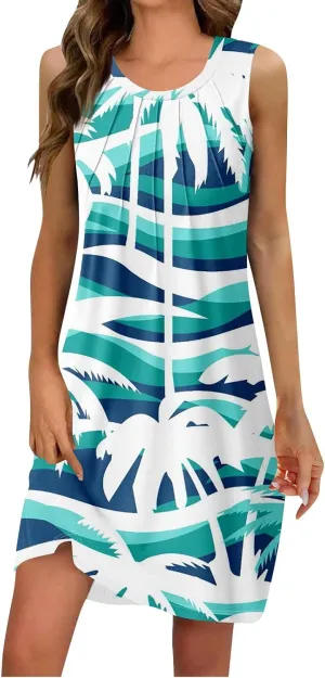 Womens Summer Sundress Sleeveless Pleated A-Line Beach Dresses Casual Crewneck Loose Tank Dress