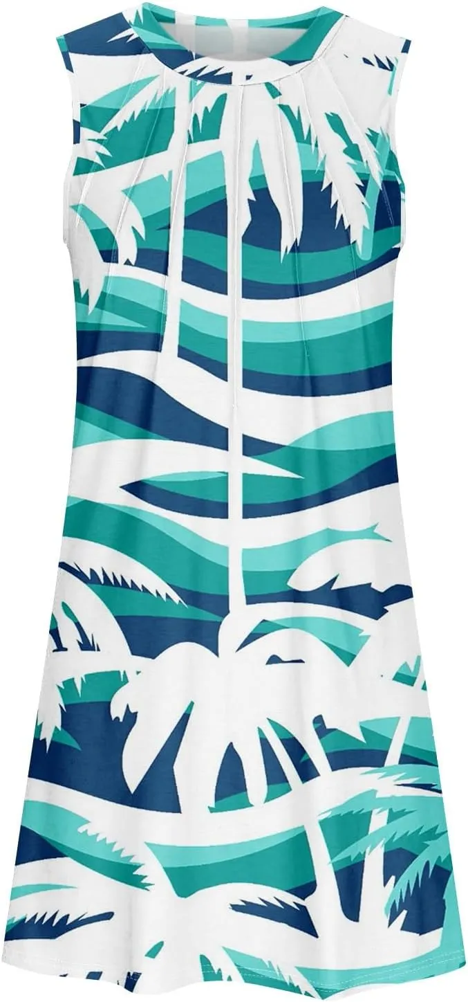 Womens Summer Sundress Sleeveless Pleated A-Line Beach Dresses Casual Crewneck Loose Tank Dress