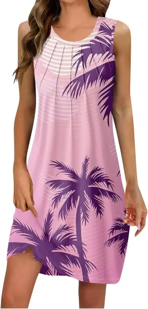 Womens Summer Sundress Sleeveless Pleated A-Line Beach Dresses Casual Crewneck Loose Tank Dress