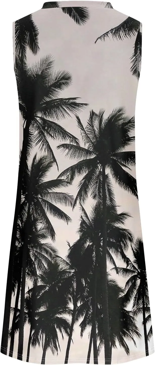 Womens Summer Sundress Sleeveless Pleated A-Line Beach Dresses Casual Crewneck Loose Tank Dress