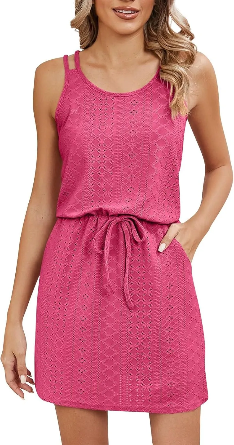 Womens Sundresses Summer Hollow Out Swimsuit Cover Up Cross Back Eyelets Beach Dress Flowy Spaghetti Strap Dress