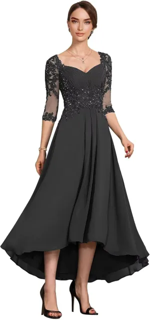 Women's Tea Length Mother of The Bride Dresses for Wedding 3/4 Sleeves Lace Formal Evening Prom Gowns