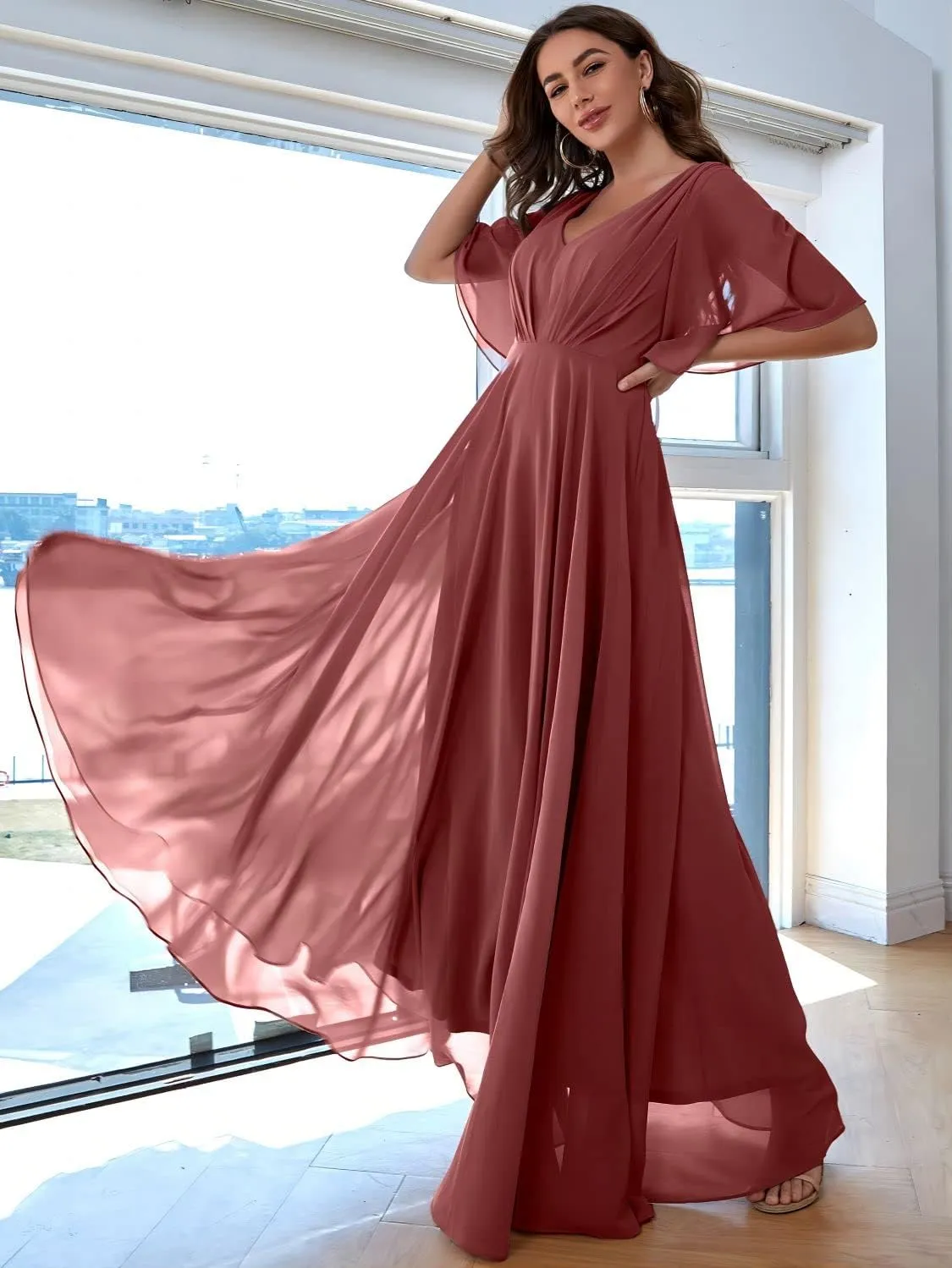 Womens V Neck Batwing Sleeves Ruched Chiffon Bridesmaid Dresses Long Formal Party Gowns with Pockets BF06