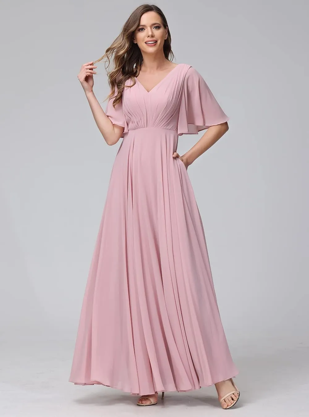 Womens V Neck Batwing Sleeves Ruched Chiffon Bridesmaid Dresses Long Formal Party Gowns with Pockets BF06