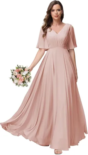 Womens V Neck Batwing Sleeves Ruched Chiffon Bridesmaid Dresses Long Formal Party Gowns with Pockets BF06