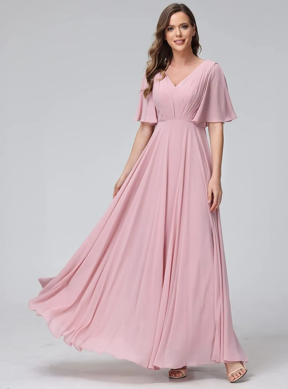 Womens V Neck Batwing Sleeves Ruched Chiffon Bridesmaid Dresses Long Formal Party Gowns with Pockets BF06