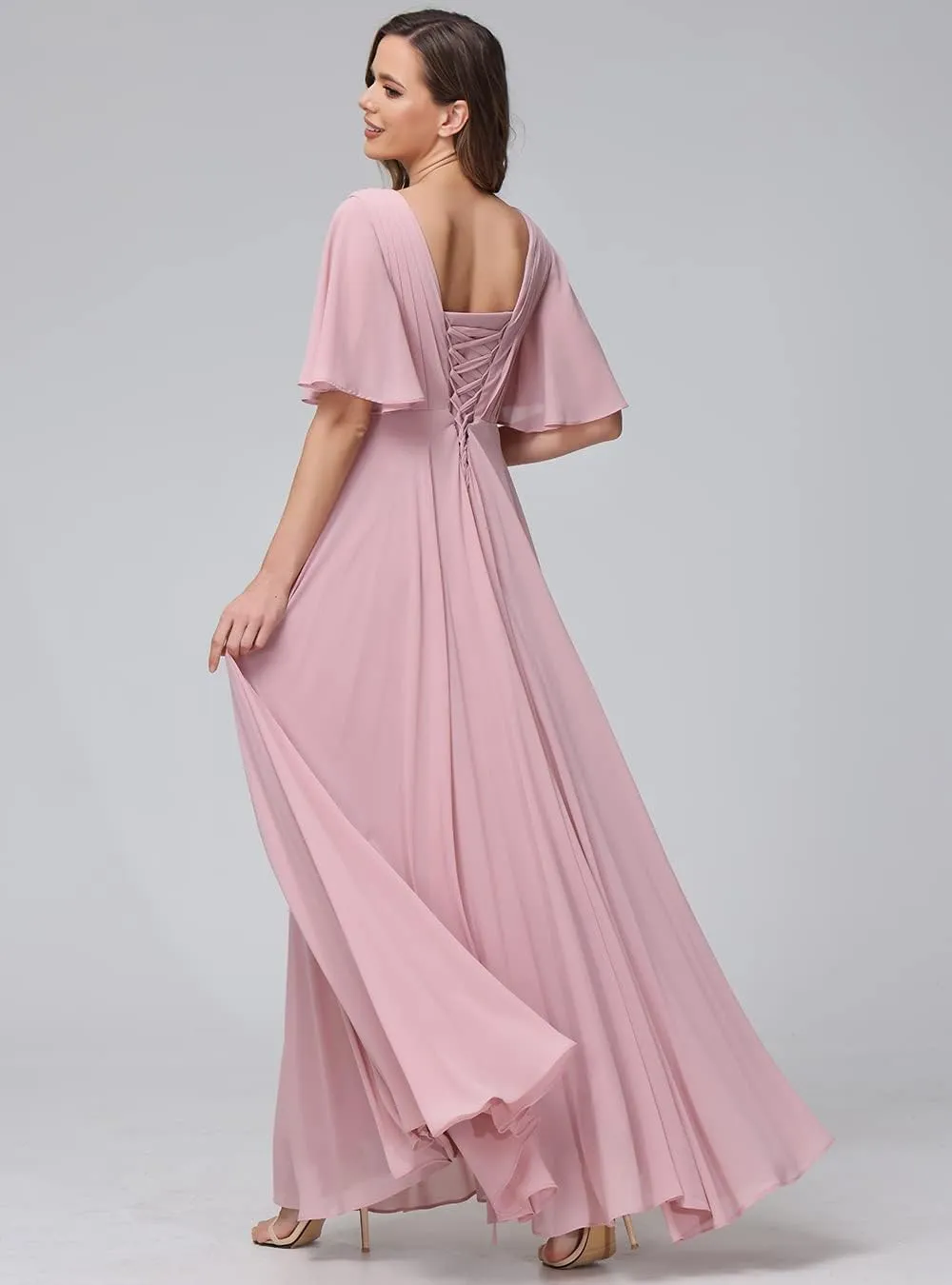 Womens V Neck Batwing Sleeves Ruched Chiffon Bridesmaid Dresses Long Formal Party Gowns with Pockets BF06