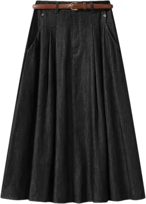 Women's Vintage Denim Midi Skirts High Waist A-Line Plain Pleated Thin Skirts Denim Skirt (with Belt)