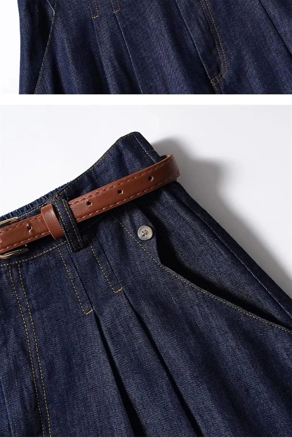 Women's Vintage Denim Midi Skirts High Waist A-Line Plain Pleated Thin Skirts Denim Skirt (with Belt)