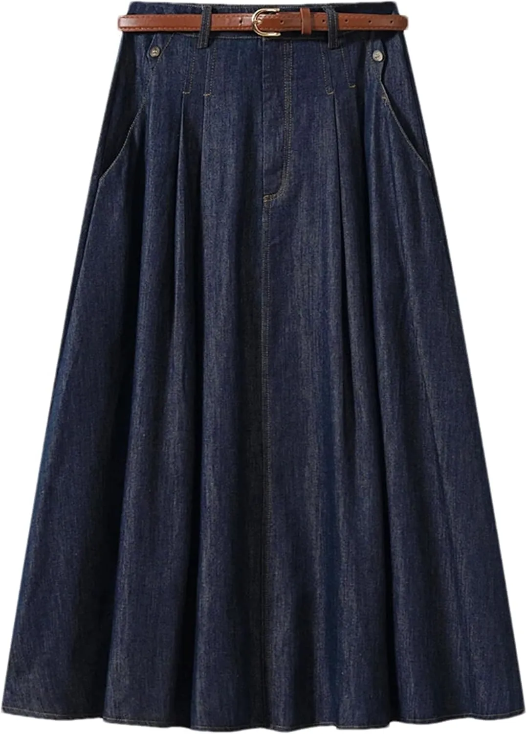 Women's Vintage Denim Midi Skirts High Waist A-Line Plain Pleated Thin Skirts Denim Skirt (with Belt)
