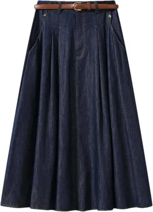 Women's Vintage Denim Midi Skirts High Waist A-Line Plain Pleated Thin Skirts Denim Skirt (with Belt)